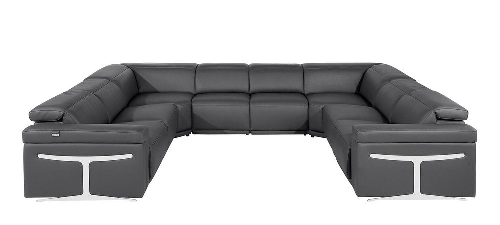 Dark Gray Italian Leather Power Reclining U Shaped Eight Piece Corner Sectional with Console