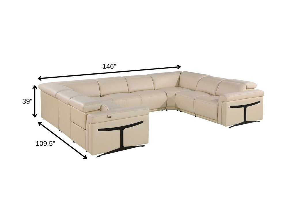 Beige Italian Leather Power Reclining U Shaped Eight Piece Corner Sectional with Console