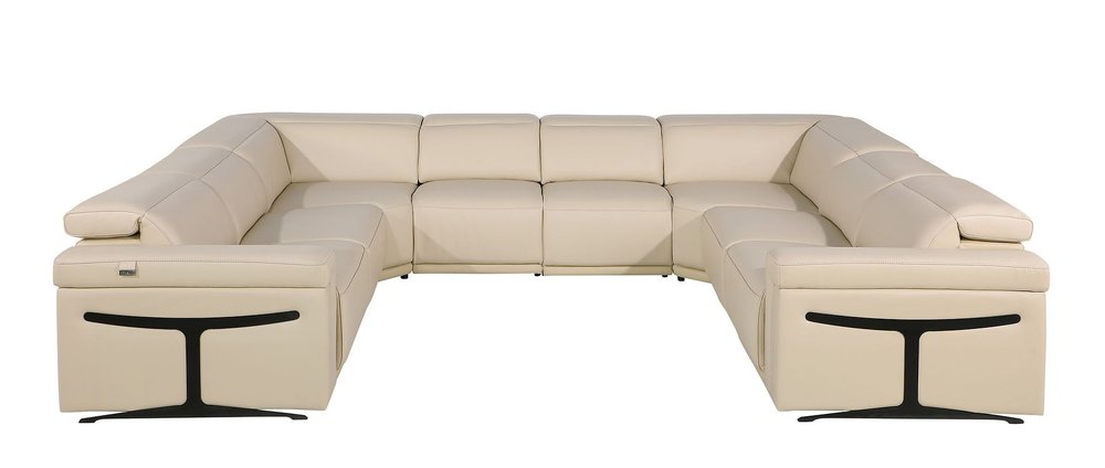 Beige Italian Leather Power Reclining U Shaped Eight Piece Corner Sectional with Console