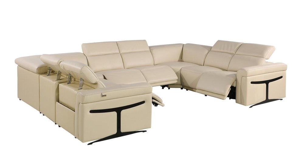 Beige Italian Leather Power Reclining U Shaped Eight Piece Corner Sectional with Console