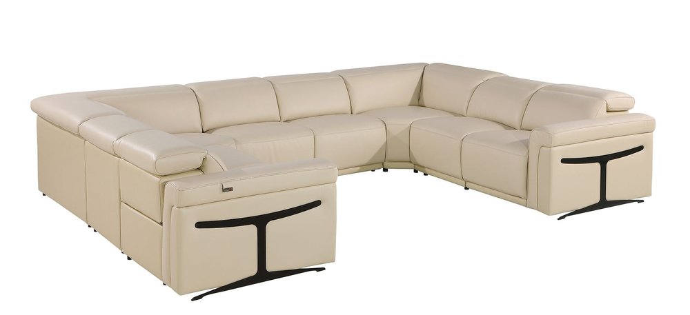 Beige Italian Leather Power Reclining U Shaped Eight Piece Corner Sectional with Console