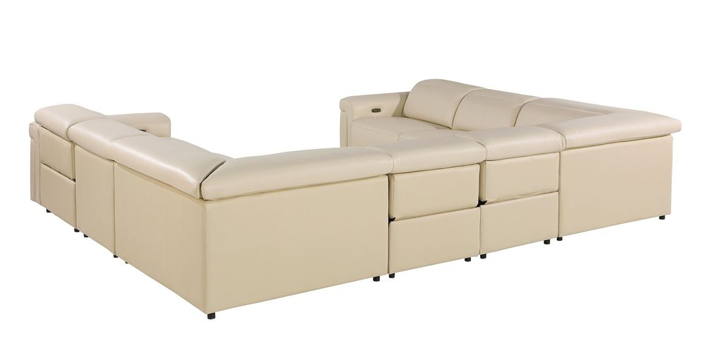 Beige Italian Leather Power Reclining U Shaped Eight Piece Corner Sectional with Console