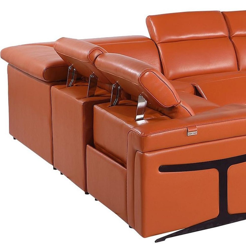 Camel Italian Leather Power Reclining U Shaped Eight Piece Corner Sectional with Console