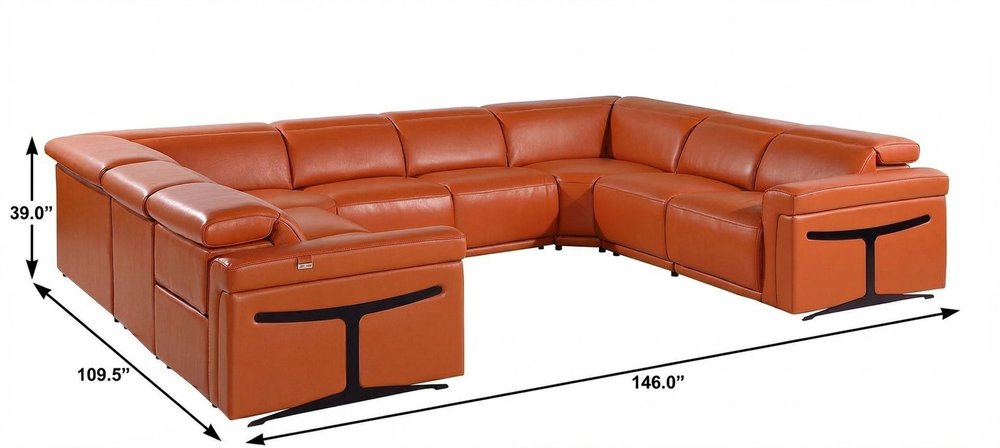 Camel Italian Leather Power Reclining U Shaped Eight Piece Corner Sectional with Console