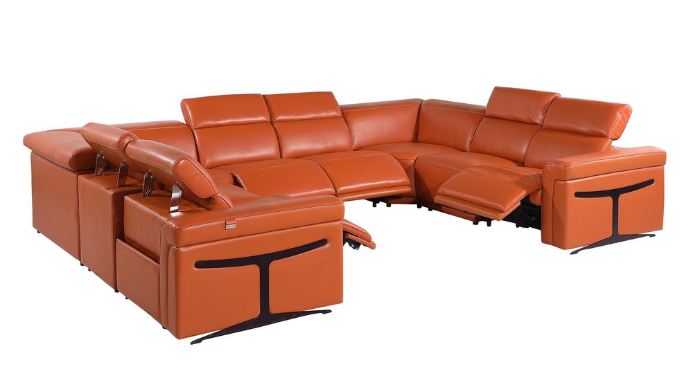 Camel Italian Leather Power Reclining U Shaped Eight Piece Corner Sectional with Console