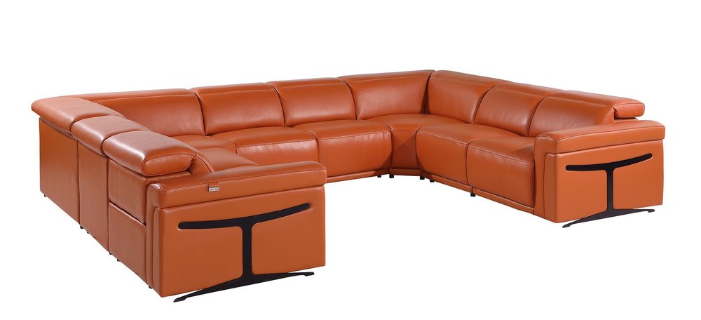 Camel Italian Leather Power Reclining U Shaped Eight Piece Corner Sectional with Console