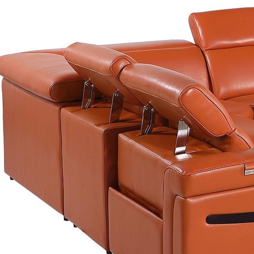 Camel Italian Leather Power Reclining U Shaped Eight Piece Corner Sectional with Console