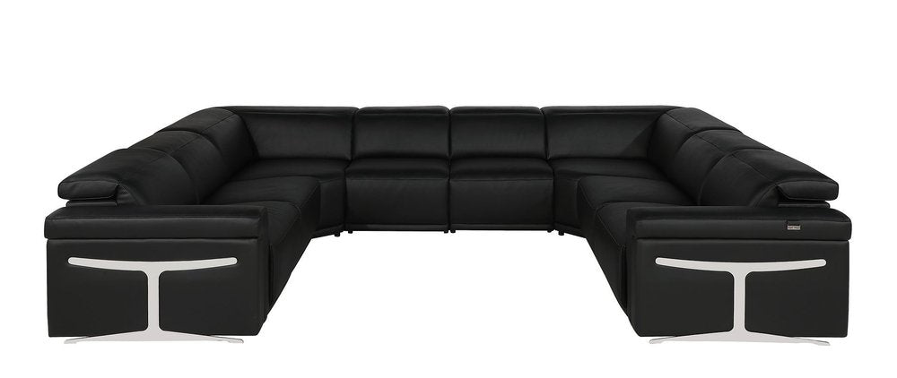 Black Italian Leather Power Reclining U Shaped Eight Piece Corner Sectional with Console