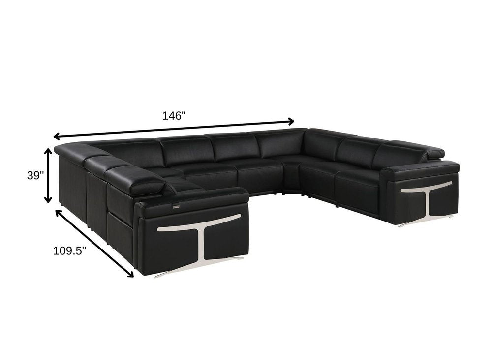 Black Italian Leather Power Reclining U Shaped Eight Piece Corner Sectional with Console