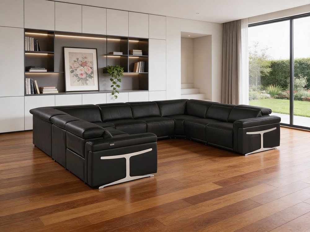 Black Italian Leather Power Reclining U Shaped Eight Piece Corner Sectional with Console