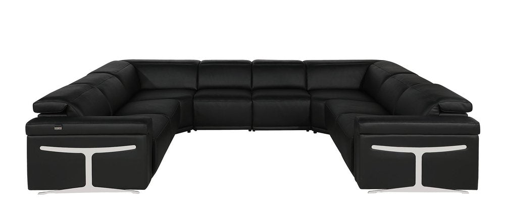 Black Italian Leather Power Reclining U Shaped Eight Piece Corner Sectional with Console