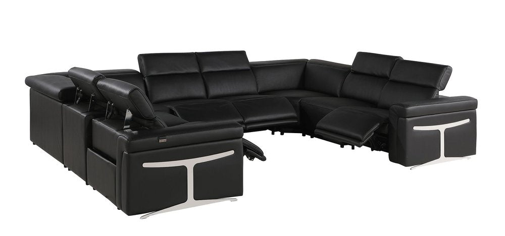 Black Italian Leather Power Reclining U Shaped Eight Piece Corner Sectional with Console