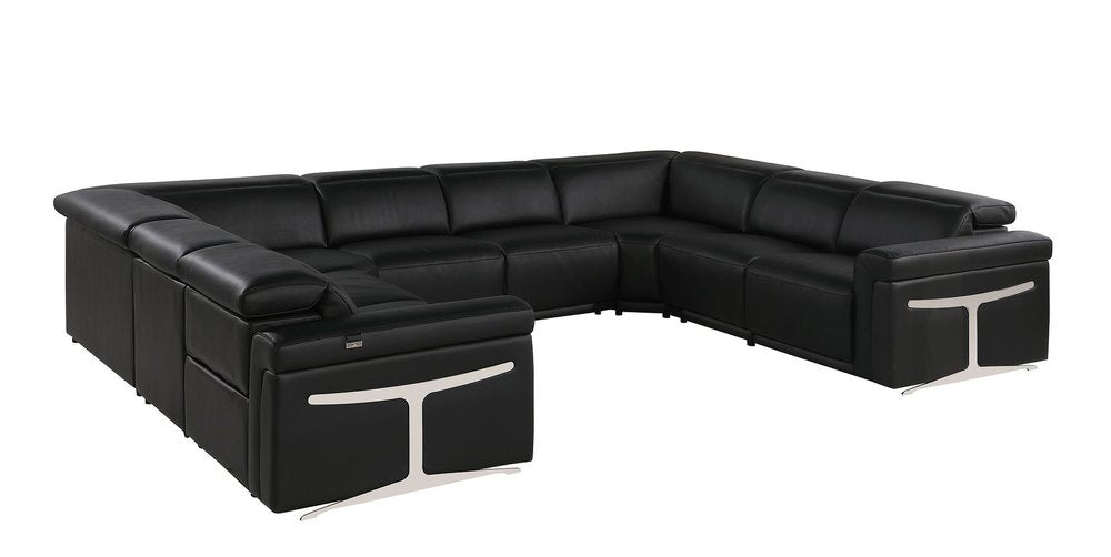 Black Italian Leather Power Reclining U Shaped Eight Piece Corner Sectional with Console