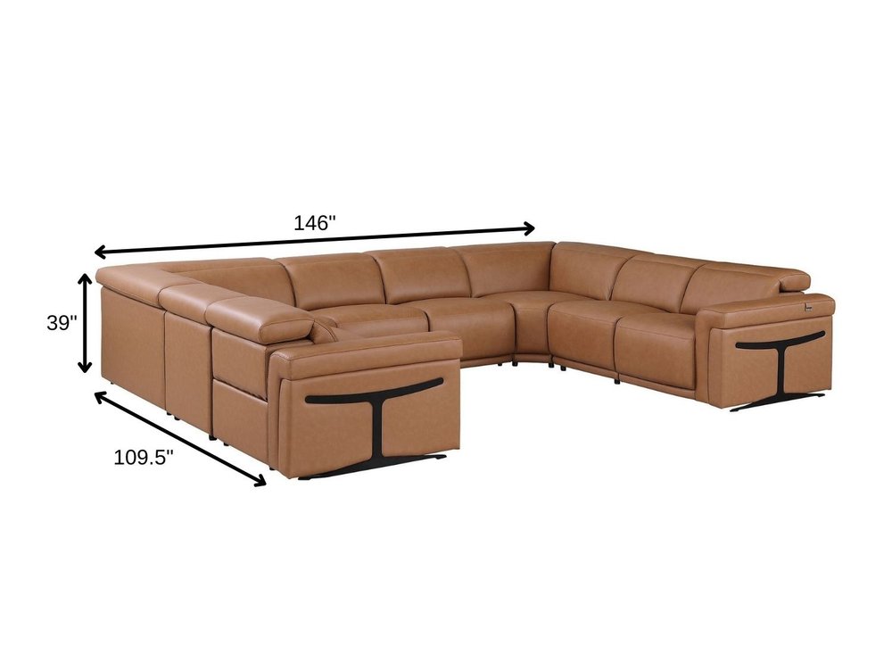 Chestnut Italian Leather Power Reclining U Shaped Eight Piece Corner Sectional with Console