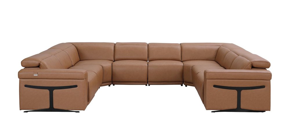 Chestnut Italian Leather Power Reclining U Shaped Eight Piece Corner Sectional with Console