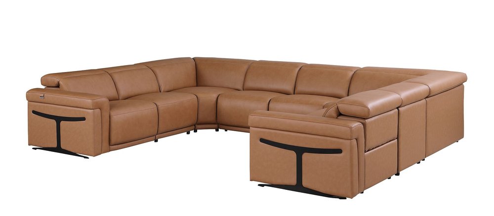 Chestnut Italian Leather Power Reclining U Shaped Eight Piece Corner Sectional with Console