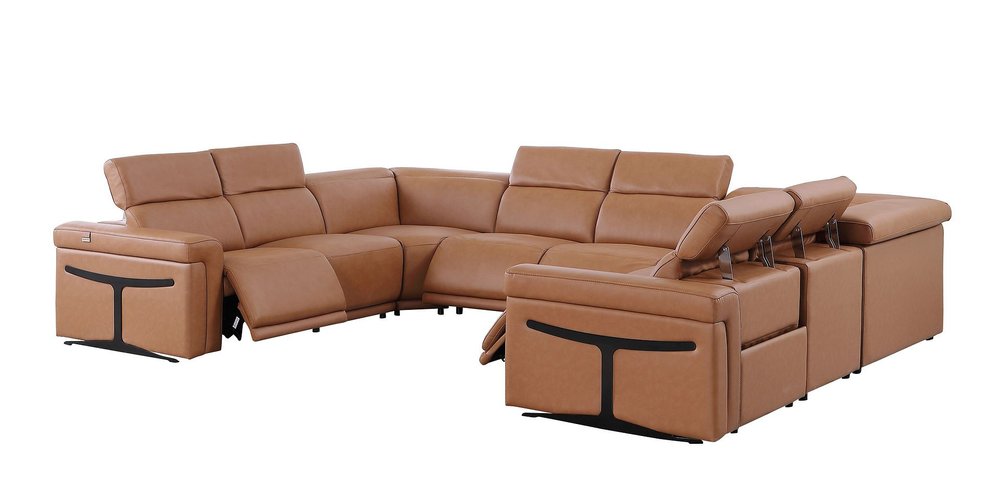 Chestnut Italian Leather Power Reclining U Shaped Eight Piece Corner Sectional with Console
