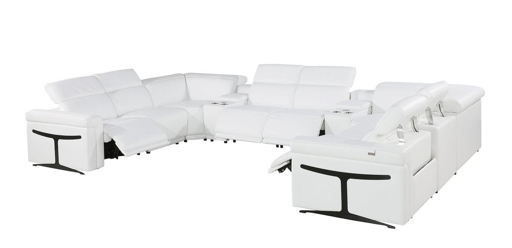 White Italian Leather Power Reclining U Shaped Ten Piece Corner Sectional with Console
