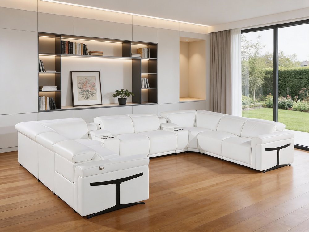 White Italian Leather Power Reclining U Shaped Ten Piece Corner Sectional with Console