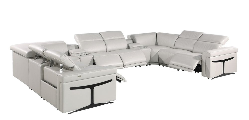 Light Gray Italian Leather Power Reclining U Shaped Ten Piece Corner Sectional with Console
