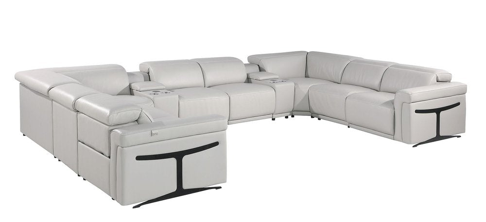 Light Gray Italian Leather Power Reclining U Shaped Ten Piece Corner Sectional with Console