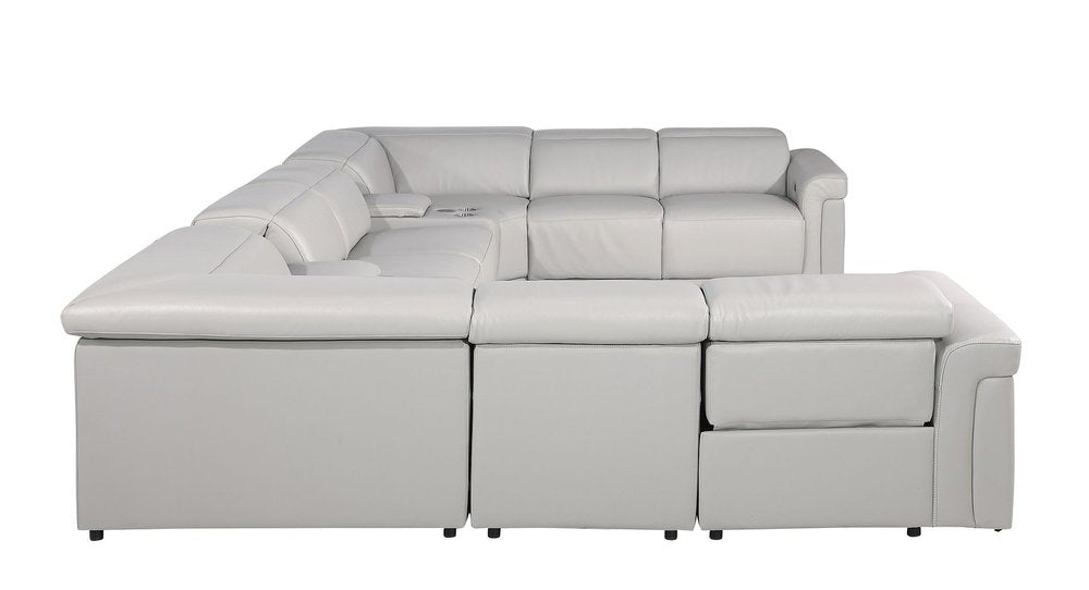 Light Gray Italian Leather Power Reclining U Shaped Ten Piece Corner Sectional with Console
