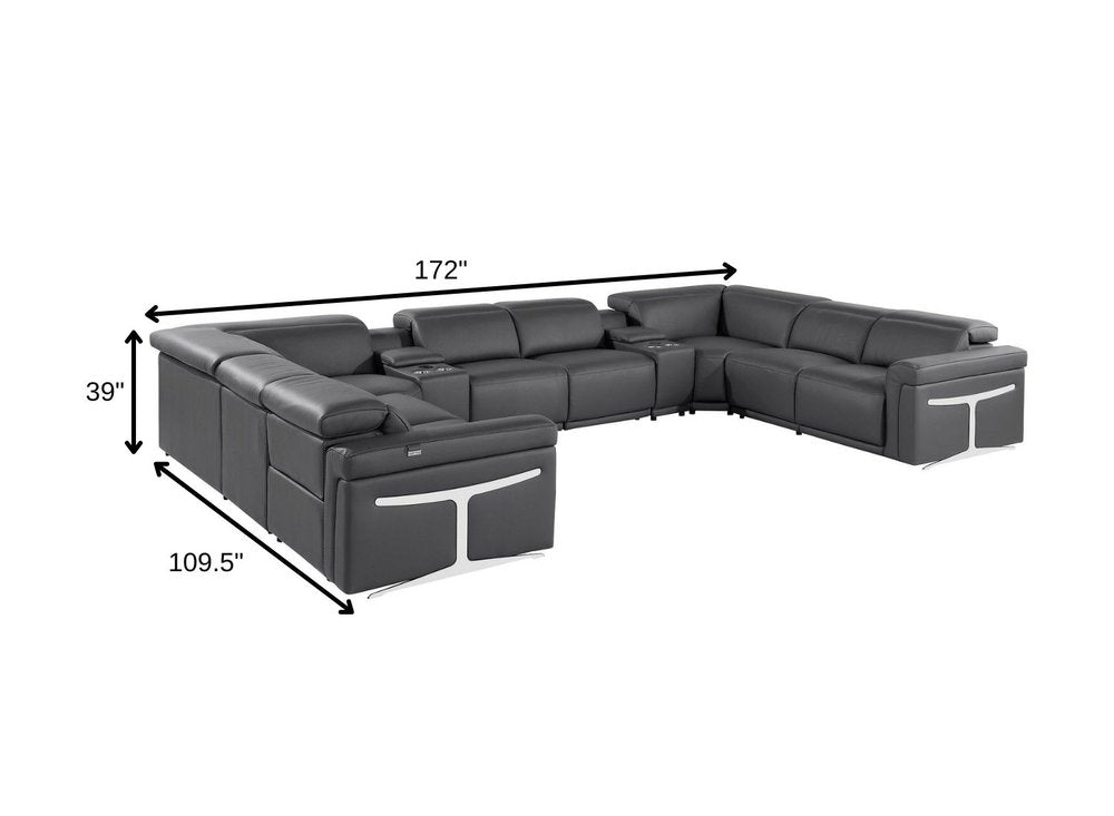 Dark Gray Italian Leather Power Reclining U Shaped Ten Piece Corner Sectional with Console