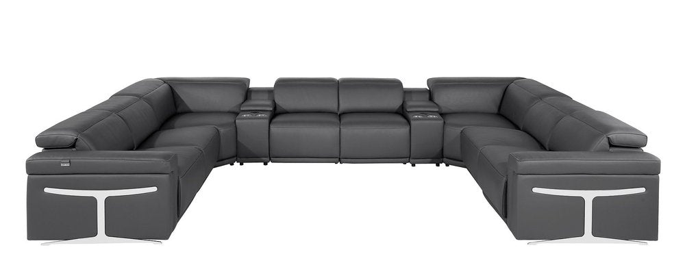 Dark Gray Italian Leather Power Reclining U Shaped Ten Piece Corner Sectional with Console