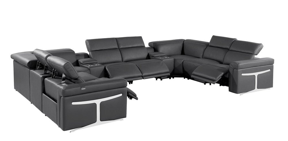 Dark Gray Italian Leather Power Reclining U Shaped Ten Piece Corner Sectional with Console