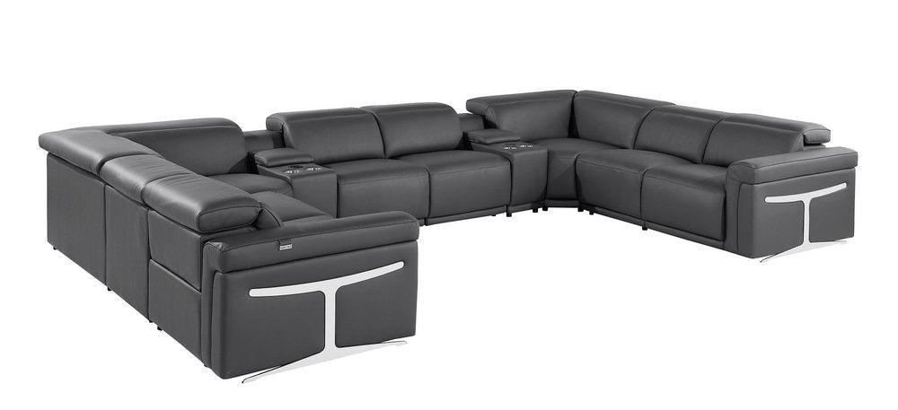 Dark Gray Italian Leather Power Reclining U Shaped Ten Piece Corner Sectional with Console