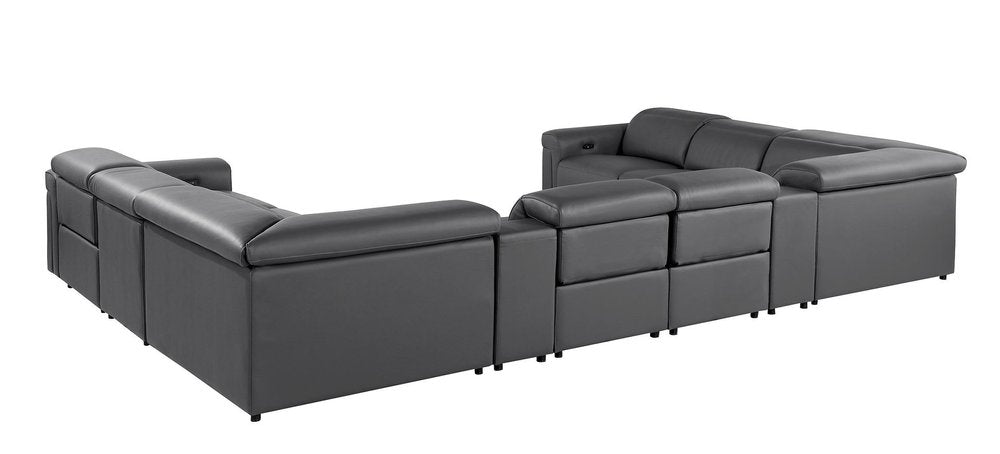 Dark Gray Italian Leather Power Reclining U Shaped Ten Piece Corner Sectional with Console