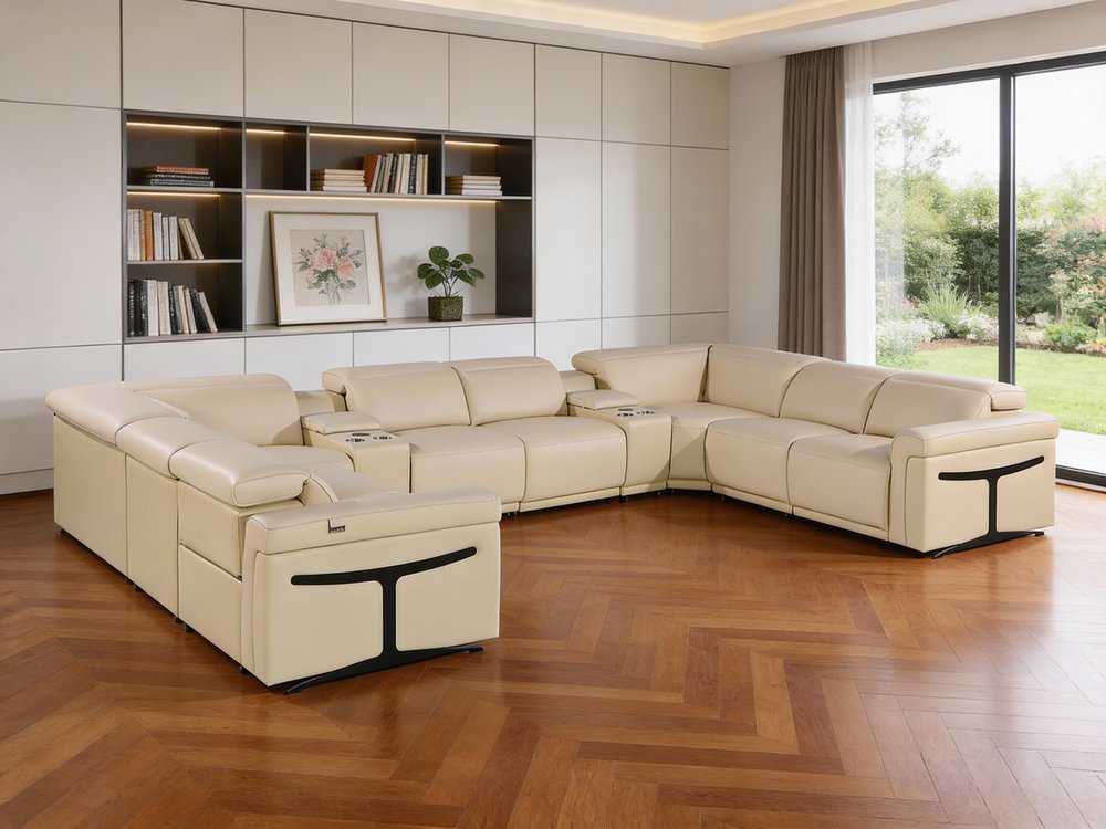 Beige Italian Leather Power Reclining U Shaped Ten Piece Corner Sectional with Console
