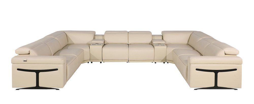 Beige Italian Leather Power Reclining U Shaped Ten Piece Corner Sectional with Console