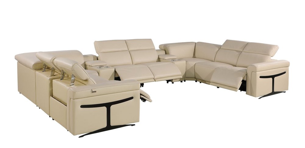 Beige Italian Leather Power Reclining U Shaped Ten Piece Corner Sectional with Console