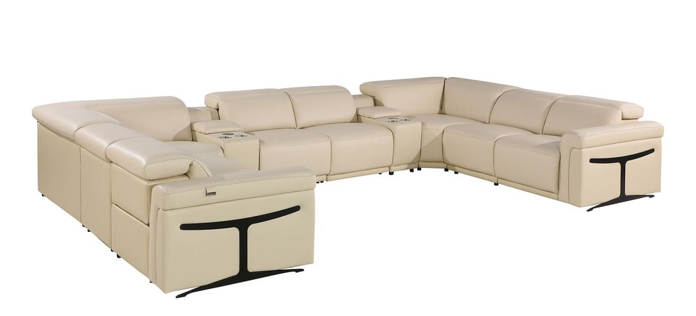 Beige Italian Leather Power Reclining U Shaped Ten Piece Corner Sectional with Console