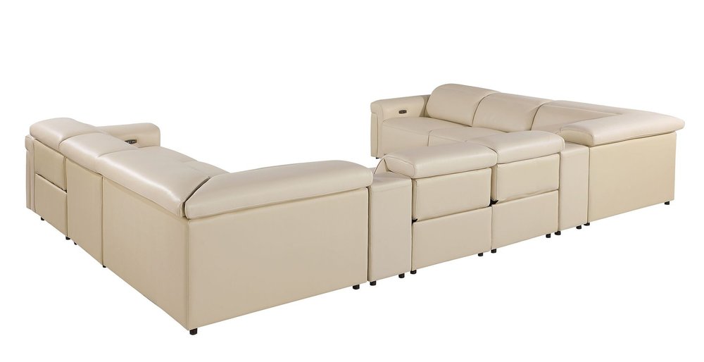 Beige Italian Leather Power Reclining U Shaped Ten Piece Corner Sectional with Console