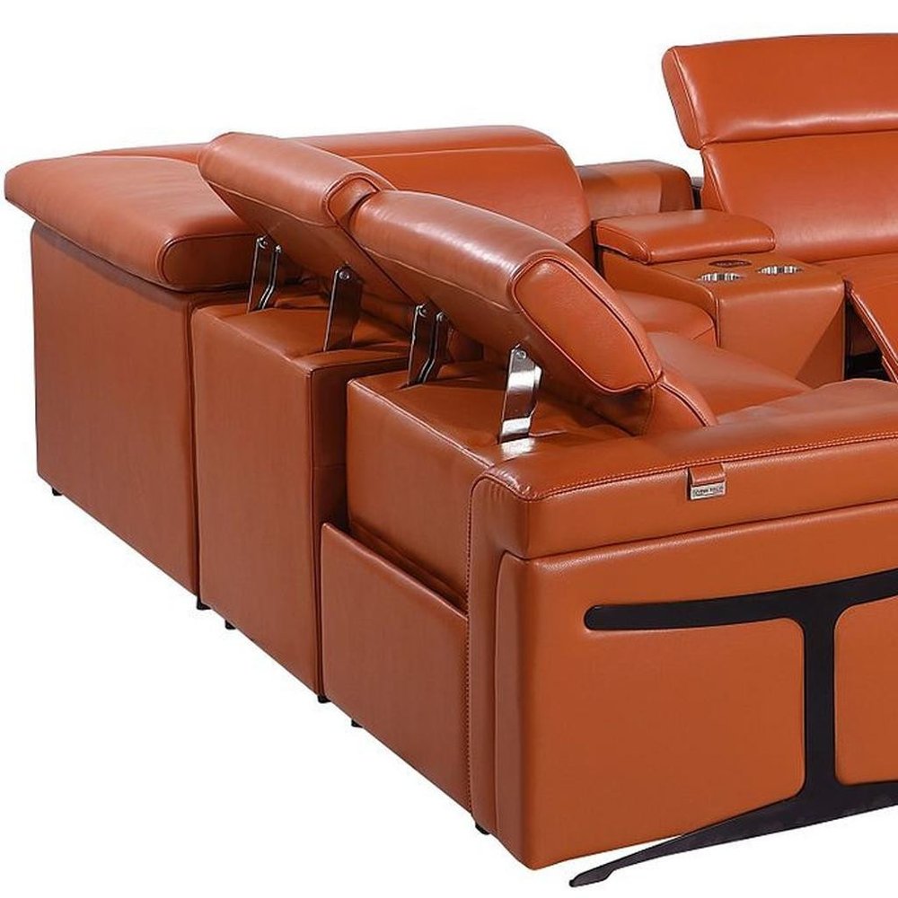 Camel Italian Leather Power Reclining U Shaped Ten Piece Corner Sectional with Console