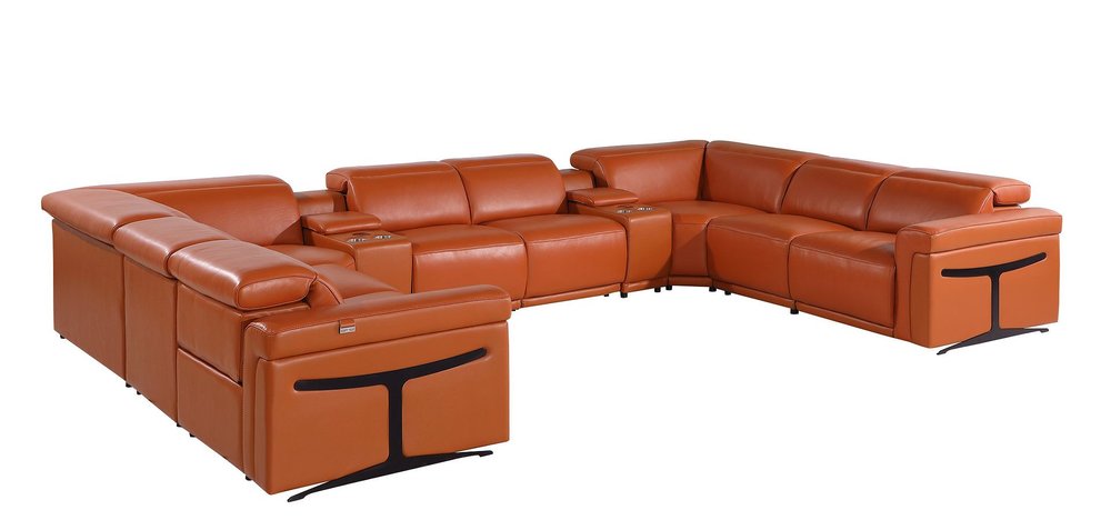 Camel Italian Leather Power Reclining U Shaped Ten Piece Corner Sectional with Console