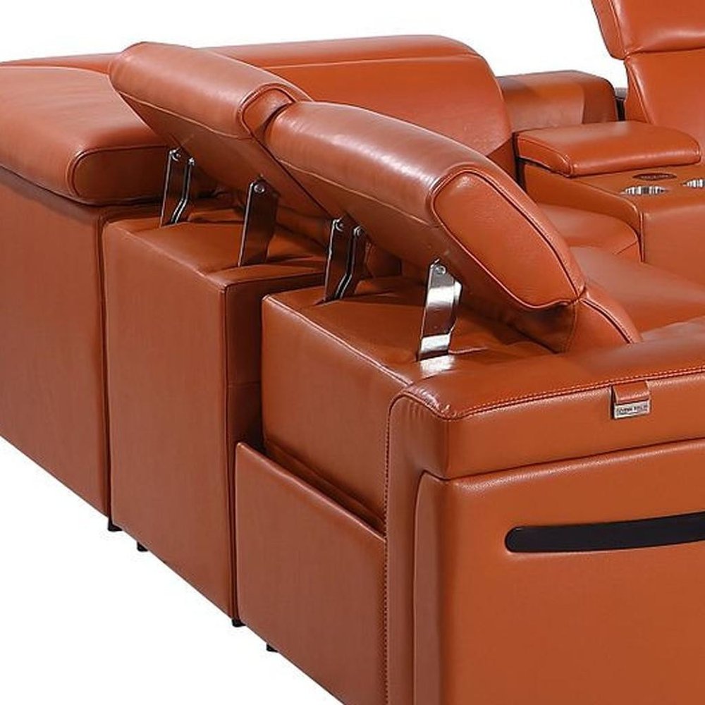 Camel Italian Leather Power Reclining U Shaped Ten Piece Corner Sectional with Console