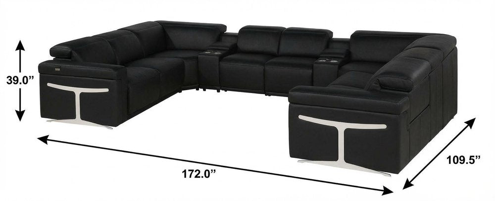 Black Italian Leather Power Reclining U Shaped Ten Piece Corner Sectional with Console
