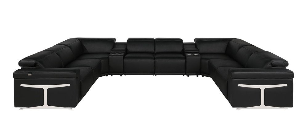 Black Italian Leather Power Reclining U Shaped Ten Piece Corner Sectional with Console