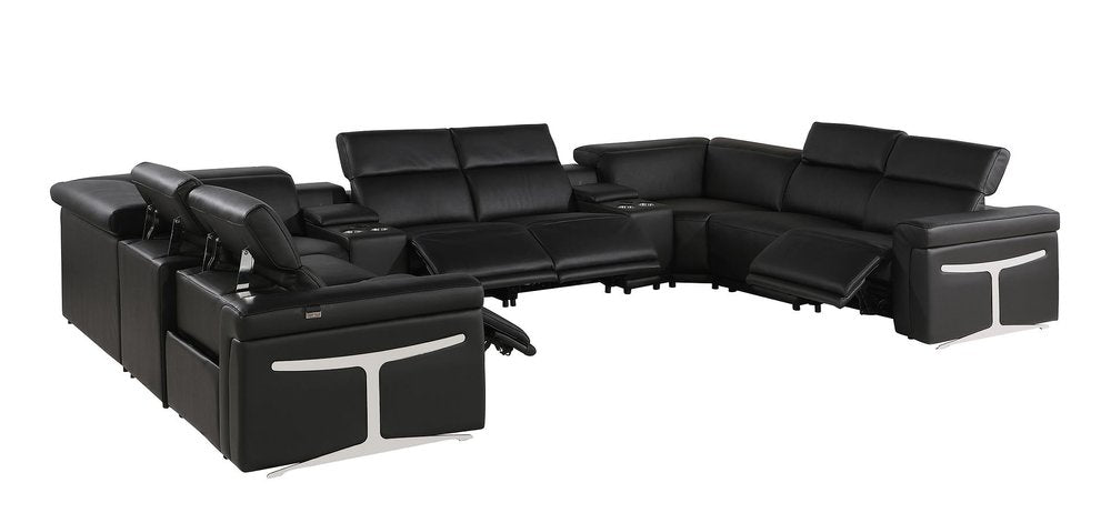 Black Italian Leather Power Reclining U Shaped Ten Piece Corner Sectional with Console