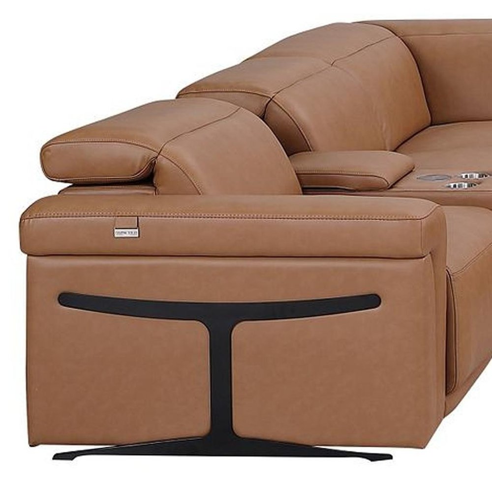 Chestnut Italian Leather Power Reclining U Shaped Ten Piece Corner Sectional with Console