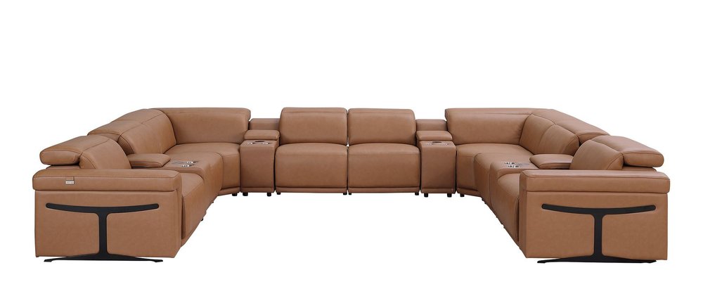 Chestnut Italian Leather Power Reclining U Shaped Ten Piece Corner Sectional with Console