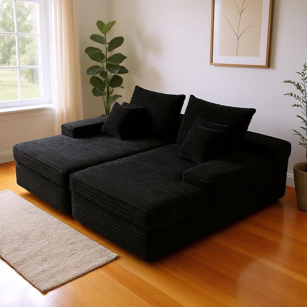 Black Corduroy Modular Sofa Chaise and Toss Pillows - 82-inch