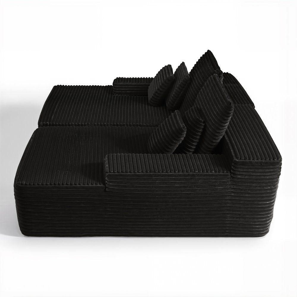 Black Corduroy Modular Sofa Chaise and Toss Pillows - 82-inch