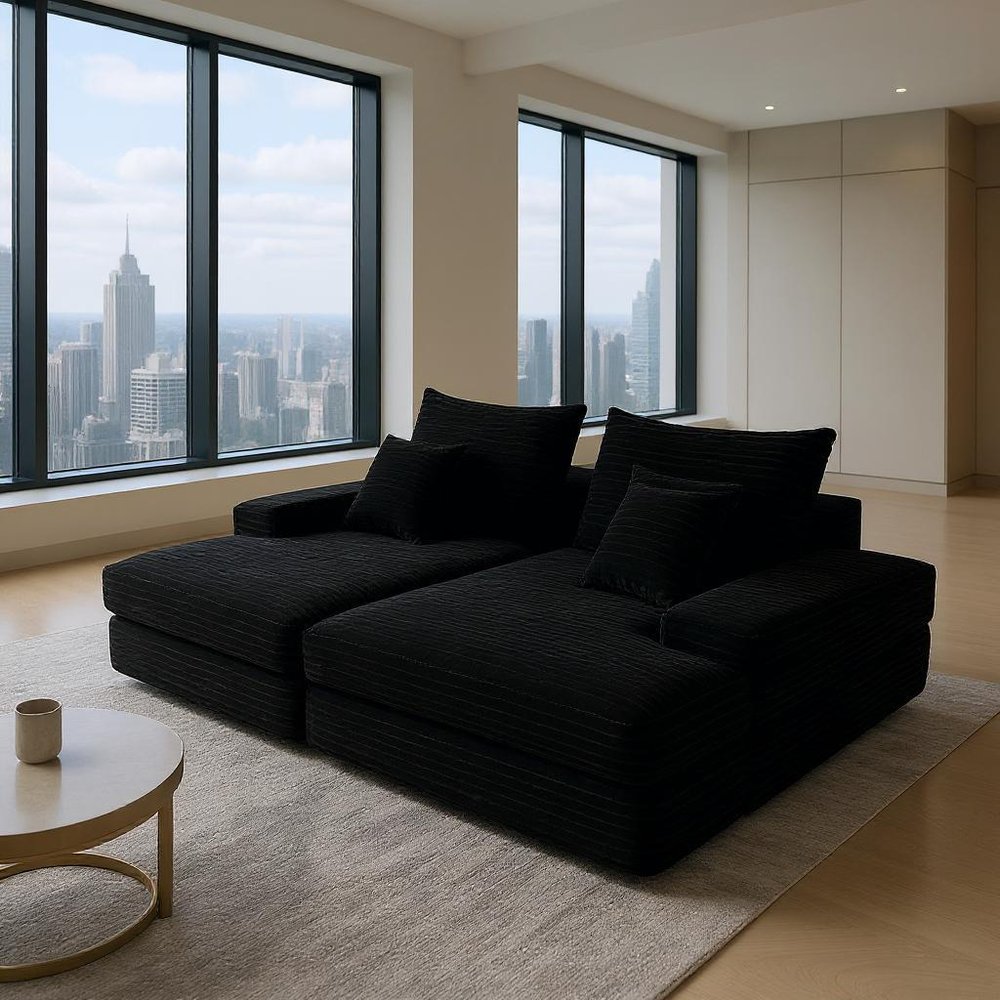 Black Corduroy Modular Sofa Chaise and Toss Pillows - 82-inch