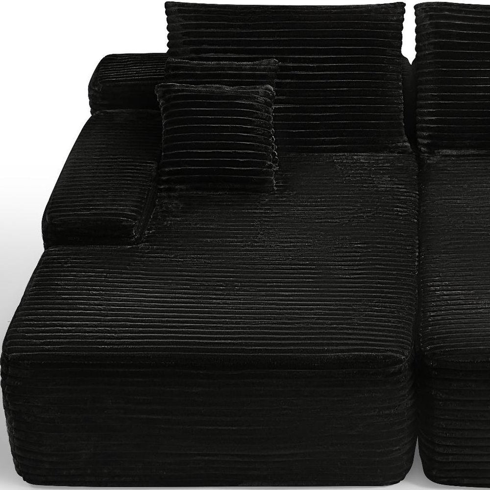 Black Corduroy Modular Sofa Chaise and Toss Pillows - 82-inch