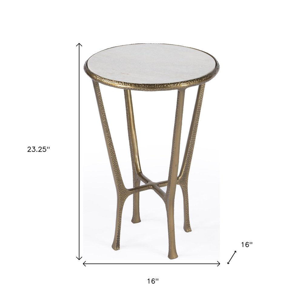 White and Gold Distressed Marble and Aluminum Round End Table