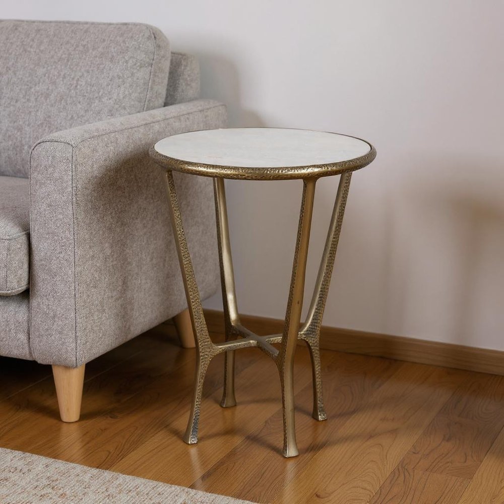 White and Gold Distressed Marble and Aluminum Round End Table